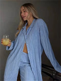Runhufu Women Pleated 2 Piece Pants Sets Spring Summer Streetwear Long Sleeve Button Down Shirt+Straight-Leg Pants Loose Outfits