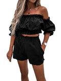 Runhufu Two-Pieces Top and Shorts Suits Summer Beach Suits Women Casual Off-Shoulder Short Sleeve Crops Tops High Waist Shorts