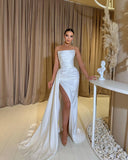 Runhufu backless side slit White mermaid Elegant Ladies Pearl Wedding dress Strapless Beach Garden New Your mother party dress
