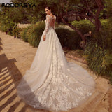 Runhufu Backless V-Neck Lace Wedding Dress A-Line Long Sleeves Tulle Bridal Gown Applique Elegant Button Vestidos De Novia 2024