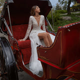 Runhufu Aviana A-Line Tulle Wedding Dress Charming V-Neck Long Sleeves Court Train Bridal Gown Vestido De Novia Custom Made