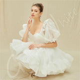 Runhufu Princess Wedding Dresses Tulle Short Mini Bridal Ball Gowns Puff Sleeves A-Line Ruffle Bride Robes Vestidos De Novia