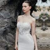 Runhufu Simple Off The Shoulder Mermaid Wedding Dress For Bride 2023 Lace Backless Detachable Sleeves Floral Print Bridal Gown