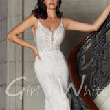 Runhufu V Neck Wedding Dresses For Women Mermaid Lace Applique Bride Dress Spaghetti Straps Boho Bridal Party Gowns vestidos