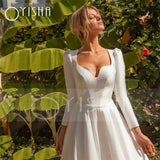 Runhufu Modern Satin Garden Wedding Dresses Portrait Long Sleeve Bridal Gowns Hollow Back Ruffles Train Robe De Soirée De Mariage