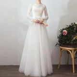 Runhufu Simple Bridal Dress With Bow Belt Classic O-neck Wedding Dresses With Long Sleeve Elegant Lace Tulle A Line Robe De Marie