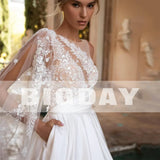 Runhufu A-Line Wedding Dresses Women 2024 Open Back Lace O-Neck Satin Pleat Applique Bridal Gowns Sweep Train Vestidos De Noiva