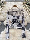 Runhufu Europe Long sleeved Mesh Sheer T-shirt Fashion Skinny Temperament Office Lady Blouse O Neck Pleated Tie Dye Print Top