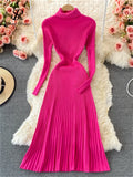 Runhufu Women Pleated Knitted Dress Turtleneck Long Sleeve Elastic Slim Pencil Dress Autumn Winter Sexy Bodycon Sweater Dress