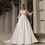 Runhufu Wedding Dresses 2024 Women Scoop Neck Full Sleeves Bride Satin With Lace Applique Sweep Train A Line Bridal Gowns Custom
