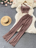 Runhufu Women Irregular Split Summer Set Pocket Slim Elastic Waist Solid Temperament Ladies Wide Leg Long Pants Two Piece Sets