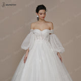 Runhufu Princess Vintage Ivory Wedding Dress For Women Strapless Court Train Detachable Sleeves White Glittle Bridal Ball Gown