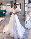 Runhufu Deep V-Neck A-Line Wedding Dresses Puffy Sleeves Princess Bridal Gowns Plus Size Custom Made