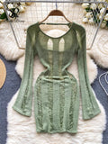 Runhufu Streetwear Fashion Hollow Out Beach Dress Women Long Sleeves Backless Midi Dress Elastic Slim Knitted Sexy Short Dress