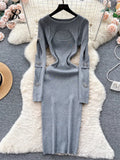 Runhufu 2024 Autumn Knitted Chic Dress O Neck Hollow Out Long Sleeves Bows Decoration Solid Women Slim Fit Bodycon Party Dress