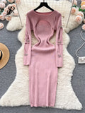 Runhufu 2024 Autumn Knitted Chic Dress O Neck Hollow Out Long Sleeves Bows Decoration Solid Women Slim Fit Bodycon Party Dress