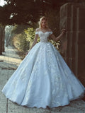 Runhufu Ball Gown Wedding Dresses Off Shoulder Cap Sleeves Beads Applique Backless Long Illusion Said Plus Size Bridal Gowns