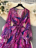 Runhufu France Retro Chiffon Dress Floral Print V Neck Long Lantern Sleeves Bandage Bow Female Loose Autumn A Line Maxi Dress