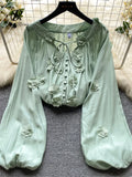 Runhufu Senior Embroider Loose Blouse Lace Up Bow V Neck Single Breasted Cardigan Long Puff Sleeves Women Gentle Solid Shirt
