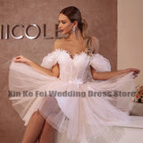 Runhufu Princess Short Wedding Dresses Flower Sweetheart Off The Shoulder Mini Short Tulle Fariy Bride Gowns Robe De Mariee Custom