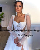 Runhufu Tulle A Line Wedding Dresses Long Sleeve Sweethart Sexy Corset Boho Bridal Gowns with Slit Beach Bride Dress with Train