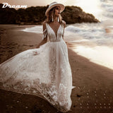 Runhufu V Neck Tassels Tulle Off Shoulder Boho Wedding Gowns Open Back A Line Beach Bridal Dress Bohemian Custom Made