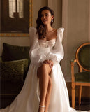 Runhufu Wedding Dresses Chiffon Satin A-Line Robe Floor-Length Bridal Gowns Vintage Puff Sleeves 2024 Simple Vestidos De Novia