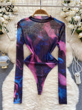 Runhufu Tie Dye Sheer Sensual Bodysuits Women O Neck Long Sleeves Transparent Slim Blouse Fashion Y2K Mesh Print Playsuits