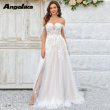 Runhufu Stylish Sweetheart Wedding Dresses Bride Tulle Appliques A Line Zipper High Slit Sweep Train Robe De Mariee Custom Made