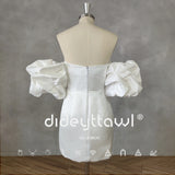 Runhufu Real Picture Off-Shoulder Puff Sleeves Pleats Short Wedding Dress Sheath Above Knee Mini Bridal Gown Custom Made