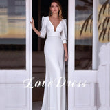 Runhufu Deep V-Neck White Wedding Dress Sheath Half Lantern Sleeve Pleats Spandex Modern Backless Bride Gown Button Sweep Train