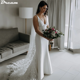 Runhufu V Neck Elegant Sleeveless Crepe Wedding Dresses Backless Buttons Bride Dresses Simple Mermaid Wedding Gowns