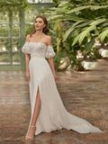 Runhufu Boho Wedding Dresses Off Shoulder Sleeve Bridal Gowns White Lace Bride Dress Beach Side Slit Wedding Gowns 2024 Strapless