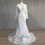 Runhufu Luxury Mermaid Wedding Dress V-Neck Long Sleeve Lace Appliques Backless Sweep Train Bride Gown Vestidos De Noiva