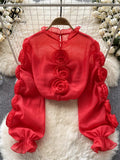 Runhufu High Quality Organza Women Blouse 2024 Ruffles Neck Long Sleeves Loose Sweet Top Korean Style 3D Floral Sheer Shirt