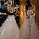 Runhufu Shoulder A-Line Wedding Dress Illusion Long Sleeves Lace Appliques Sweep Train Bride Dresses Custom Made Robe De Mari¨¦e