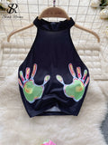 Runhufu Fashion Trend Hotsweet Print Suits Women Halter Sleeveless Top+ Ruched Bodycon Mini Skirt Streetwea Two Pieces Sets