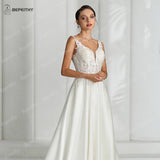 Runhufu V Neck Sexy Backless Satin Ivory Wedding Dresses For Women Sleeveless 2024 Lace Bodice Sweep Train Boho Bridal Gown