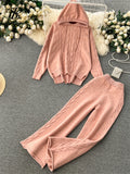 Runhufu Winter Women Warm Knitted Suits Loose Drawstring Hooded Pullover+ Wide Legs Long Pants Fashion Sports Two Piece Sets