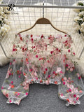 Runhufu Mesh Embroidery Sheer Blouse Fashion Slash Neck Loose Puff Sleeve Tops Short Smock Streetwear Lace Y2K Summer Blouses