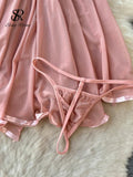 Runhufu Women Nightwear Mesh Sexy Night Dress Thin Tansparent Lace Pajamas Dress+Thong 2024 Ladies Romantic Backless Nightie