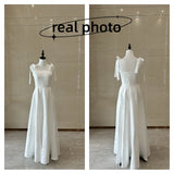 Runhufu Square Collar Vestido De Noiva Fashion Sweet Bow Spaghetti Straps Wedding Dress Satin Simple Long Suknia Slubna