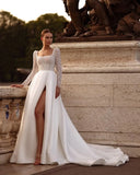 Runhufu Elegant Square Neck Wedding Dresses 2024 Long Sleeves Full Lace Boho Beach Bridal Grown Side Slit Satin Rode De Morrie