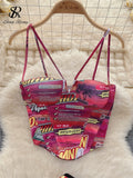 Runhufu American Retro Hotsweet Print Suits Women Spaghetti Strap Strapless Backless Camis+ Skinny Mini Skirt Two Pieces Sets