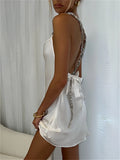 Runhufu Glitters Straps Tie Up Backless White Dress Women Summer Sleeveless Suspender Short Party Club Dresses New Gown Vestidos