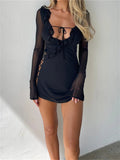 Runhufu Black Bodycon Dress Spring Summer Sexy Mesh Long Sleeves Ruffles Deep V Tie-Up Short Dress Women Party Streetwear