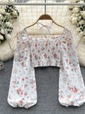 Runhufu Summer French Style Print Short Blouse 2024 Long Sleeves Elastic Beach Top Women Fashion Backless Ruched Floral Blouse