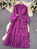 Runhufu Spring French Style Chiffon Long Dress 2024 Long Sleeve Single Breasted Fashion Belt Women A-Line Elegant Party Dress