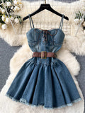 Runhufu Fashion Streetwear Denim Dress Spaghetti Strap Cross Lace Up Bow Belt Zipper Pleated Women American Vintage Mini Dress