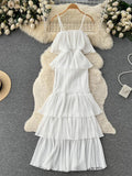 Runhufu 2024 Women Hotsweet Chiffon Sundress Strap Cake Backless Sheath Bodycon Long Dress Vacation Retro Elastic Beach Dress